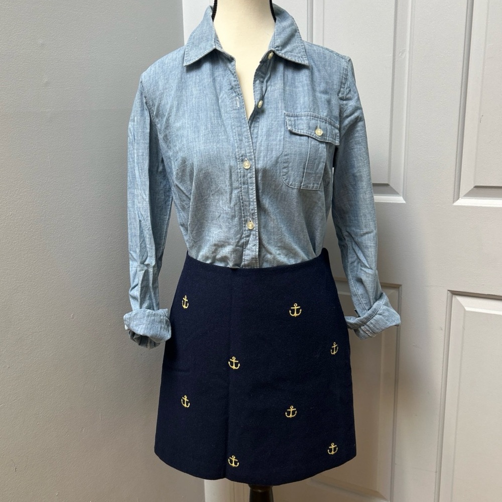 Vineyard Vines Women’s Sz 6 Wool Blend Navy Mini Skirt Gold Anchor Embroidery